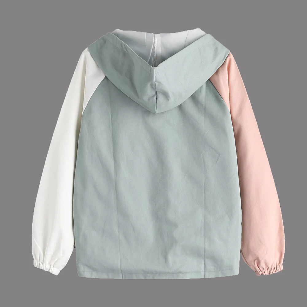 Reglan Sleeve Hit Color Jacket Pocket Zip Hooded Jacket Female Windbreaker Women Coat Fashion Casual Harajuku Bomber Jacket