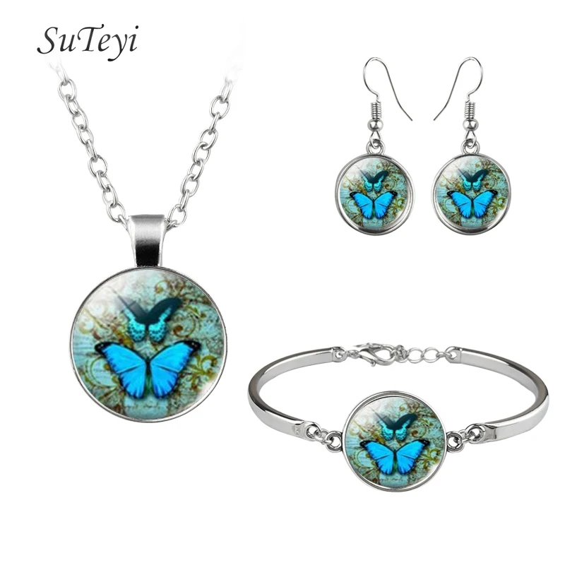 SUTEYI Boho голубая бабочка в искусстве стеклянный купольный Кабошон ожерелье серьги