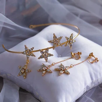 

Baroque Gold Zircon Crystal Wedding Headband with Long Earring Bridal Tiaras Crown Set Wedding Hair Accessory Prom Headdress