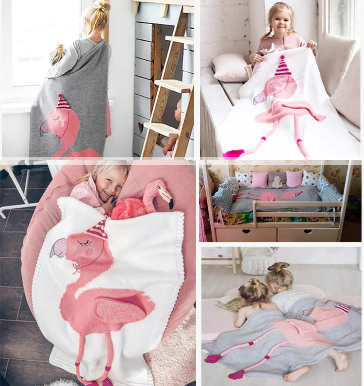 Cute Children's Knitted Baby Blankets Kids Flamingo Soft Warm Wool