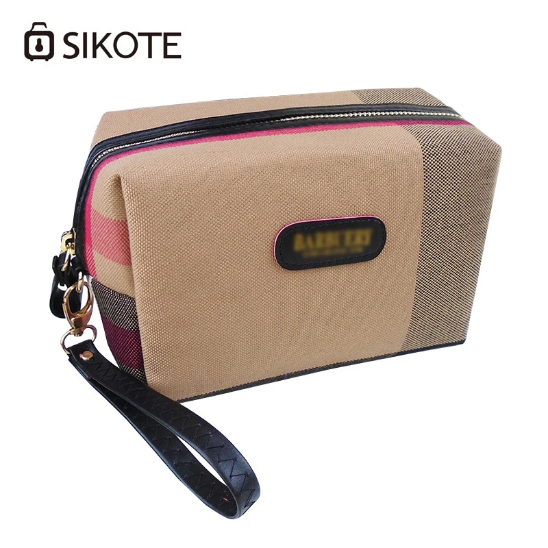 

SIKOTE Cotton Linen Fashionable Makeup Square Plaid Women Cosmetic Bag Convenient Toiletry Travel Holder Zipper Storage Bag