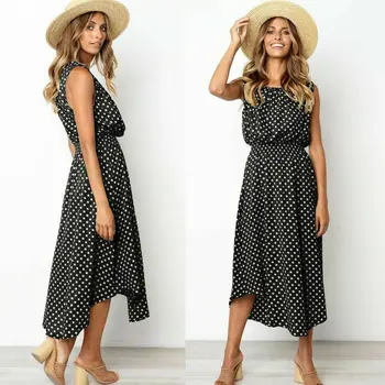 

Women Maxi Dress Boho Dot Beach Evening Party Holiday Sundress Fashion Sleeveless Casual Summer Dresses