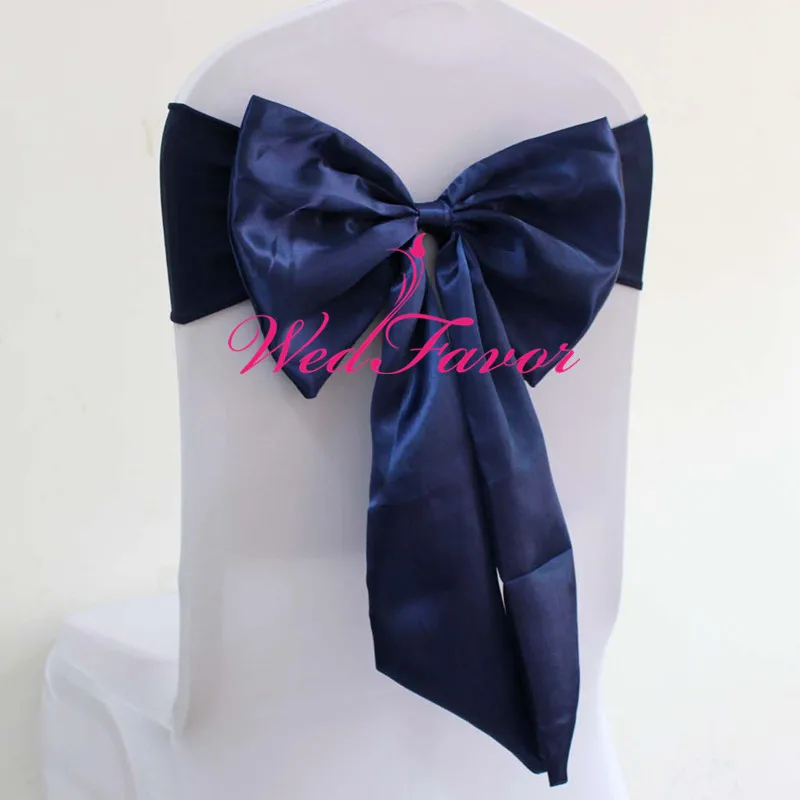 

100pcs Navy Blue Wedding Lycra Chair Butterfly Ties Spandex Stretch Chair Bands With Pre-tied Satin Bow Sash For Hotel Banquet