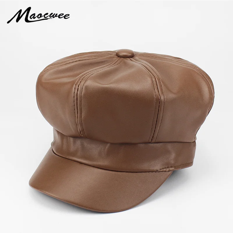 

Pu Leather Beret Hat Winter Hats for Women Men Painter Newsboy Cap Army Militar Hat Pu Leather Visor Black Cap Solid Color Bone