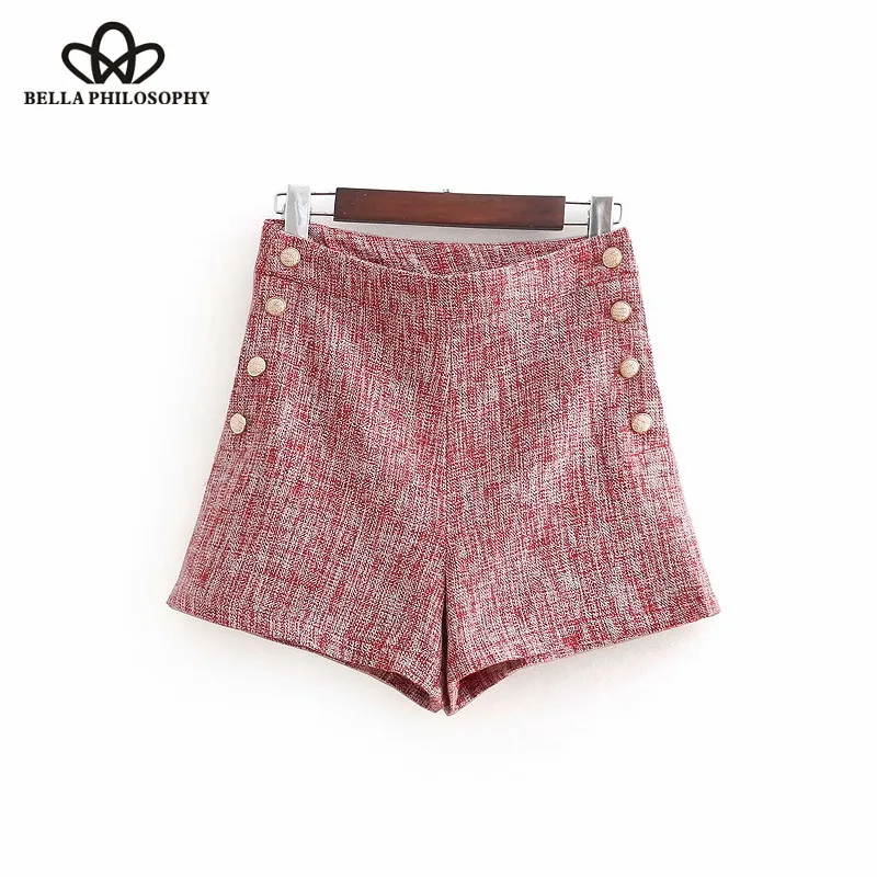 Wonder 2018 new summer women vintage buttons tweed Bermuda Shorts ladies casual hot chic high waist short pant pantalones cortos