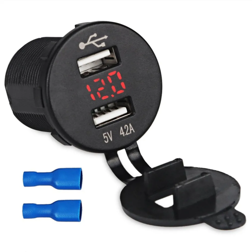 

2 in 1 Round Dual USB Car Cigarette Lighter Socket Charger Power Adapter Red LED Digital Voltmeter Waterproof Base