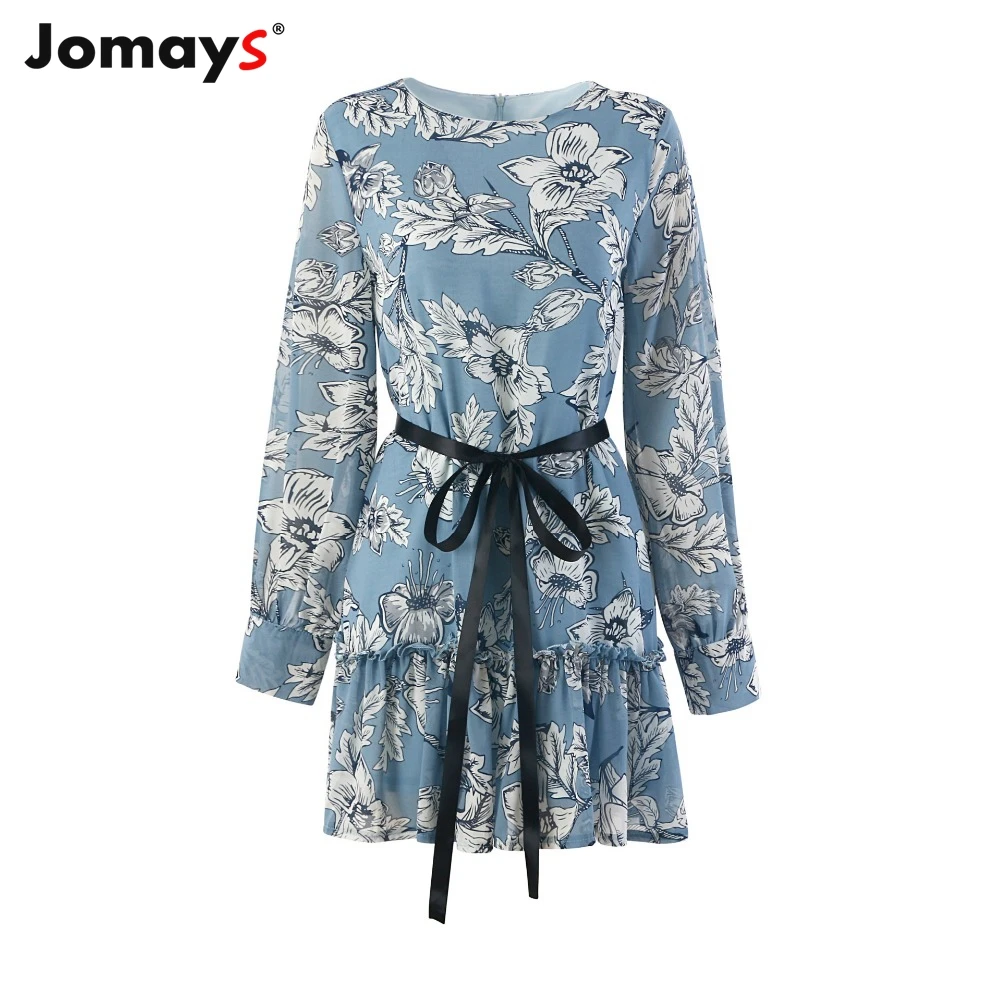 Jomays Women Spring Summer Mini Dress Vintage Floral Print Ruffle Bandage Long Sleeve Vacation Casual Vestido | Женская одежда