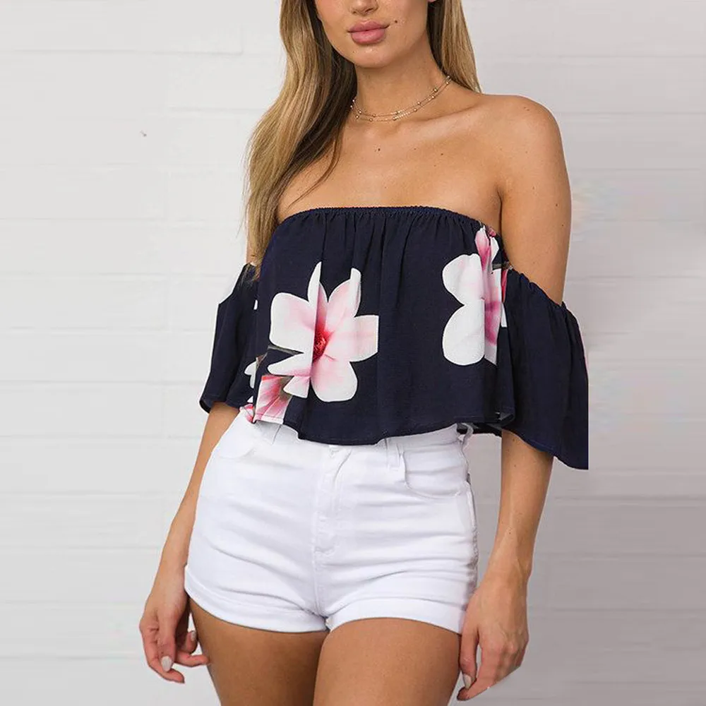 Fashion womens tops and blouses summer 2018 Flower Off Shoulder Short Sleeve Shirt Casual Blouses sexy shirt camicette Y13#N (2)