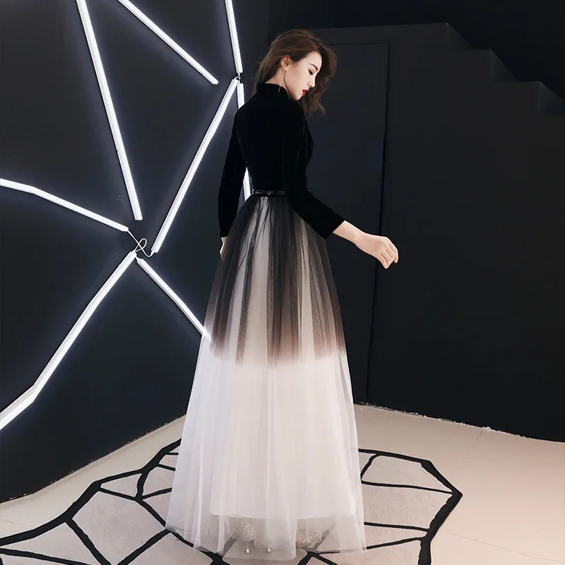 Skup To YiiYa suknia wieczorowa czarny gradient długa suknia wieczorowa trzy czwarte rękaw dekolt moda suknia wieczorowa E012