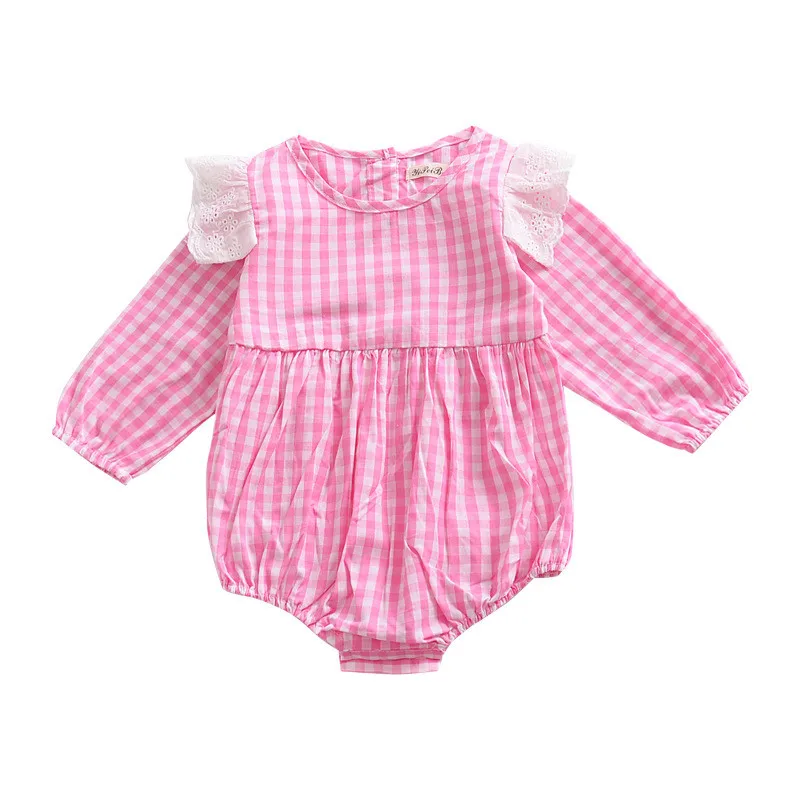 Cute Baby Clothes White Lace Ruffle Sleeve Little Kids Jumpsuit Long Sleeve Plaid one piece Baby Sunsuit 