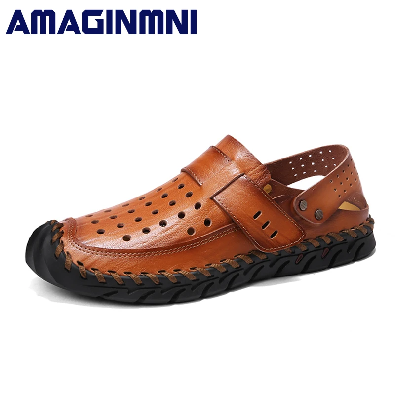 

AMAGINMNI Brand 2018 Genuine Leather Summer Soft Male Sandals Shoes For Men Breathable Light Beach Casual Quality Walking Sandal