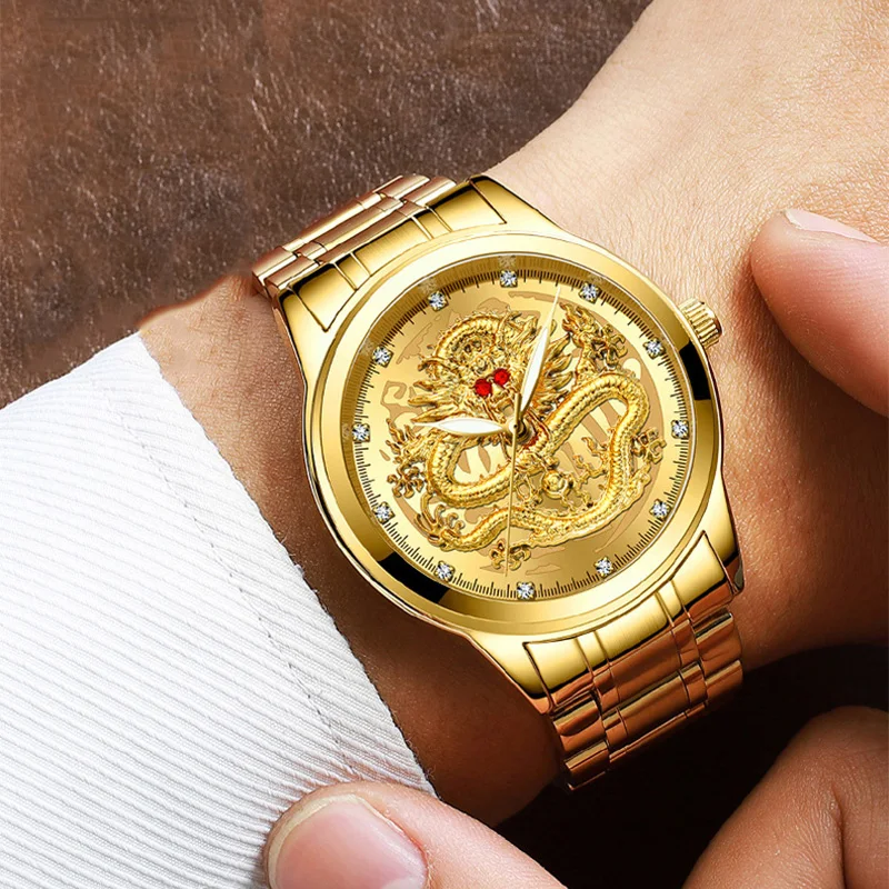 Luxury Embossed Gold Dragon Watch Men Diamond Ruby Fashion Casual Japan Quartz Clock New Full Steel Waterproof Watch Mens