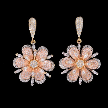 

13MM Big Flower Shape Pierced Cubic Zirconia Drop Dangle Earrings For Women Wedding Bridal Jewelry