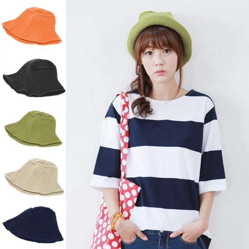 

2017 Fashion Solid color Knitting Mesh Bucket Cap for Women Spring outing Fisherman Hats Summer Sun hat Classic Panama City Hat