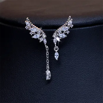 

925 Sterling Silver Asymmetric Crystal Wings Drop Earrings For Women Fashion Jewelry Lady Statement Earrings Pendiente eh1137