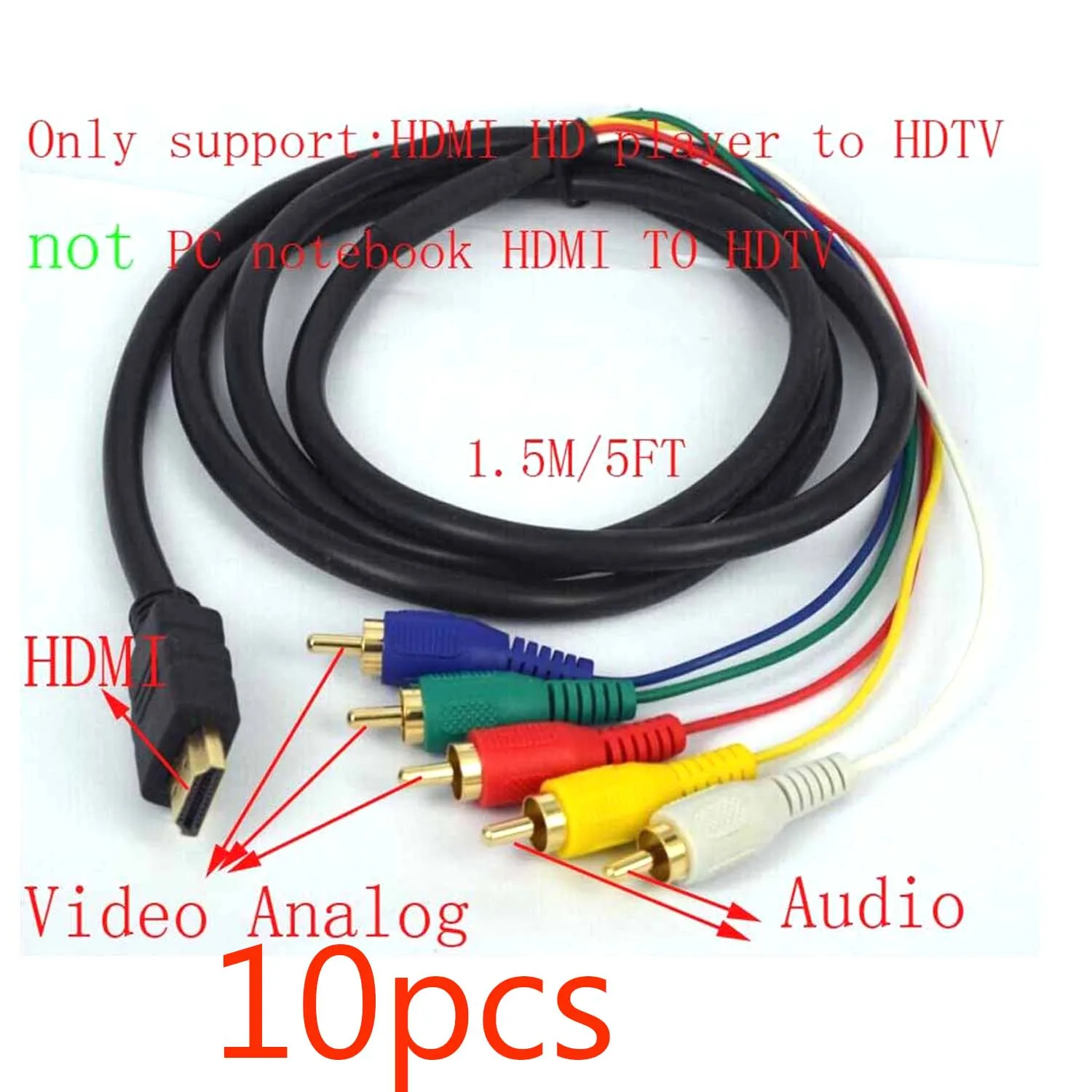 10 قطعة HDMI ذكر إلى 5 RCA 5-RCA RGB الصوت والفيديو AV مكون كابل مطلية بالذهب