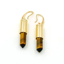 Тигровый глаз шестиугольная колонна точки склеенные золото Пуля, гильза колпачковые серьги ювелирные изделия приблизительно 37*8 мм