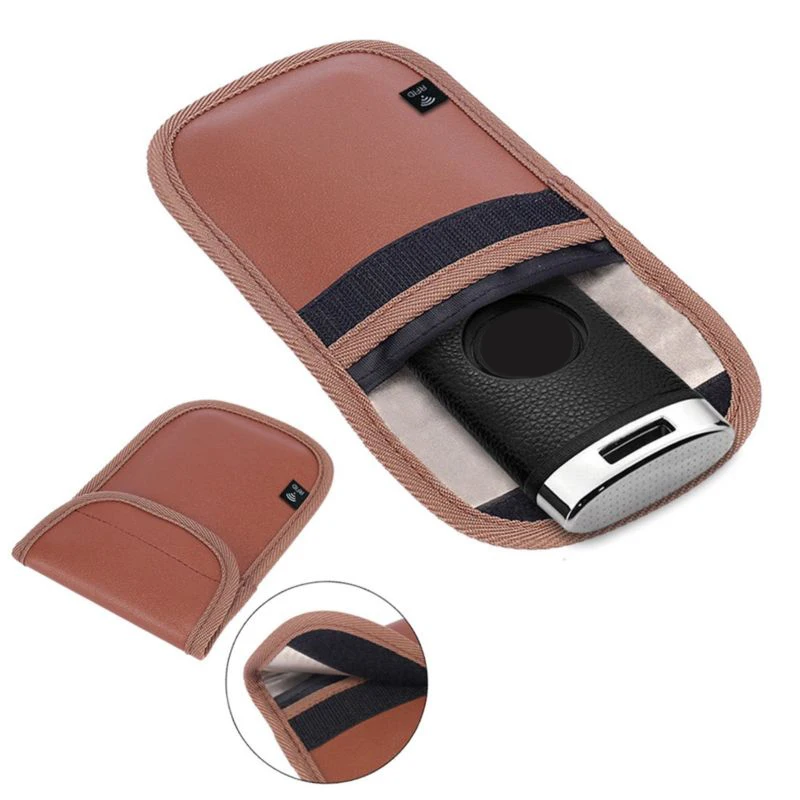 

Anti-theft Black+Brown RFID Signal Blocking Pouch case Bag Keyless Entry Polyurethane Leather Faraday Car Key NEW