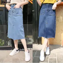 Распродажа sumemr осень Для женщин длинные джинсовые разрезы юбки высокая талия запах повседневные укороченные необработанными краями Xnxee