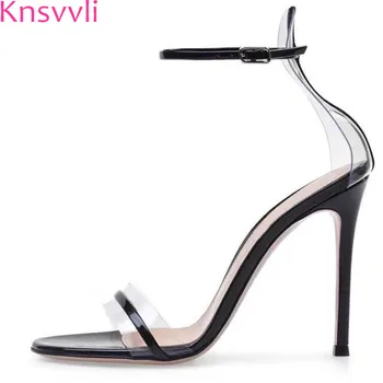 

Knsvvli Summer Sheepskin Patchwork PVC Sexy Women High Heel Sandals Clear One Word Belt Stiletto Banquet Wedding Shoes Women