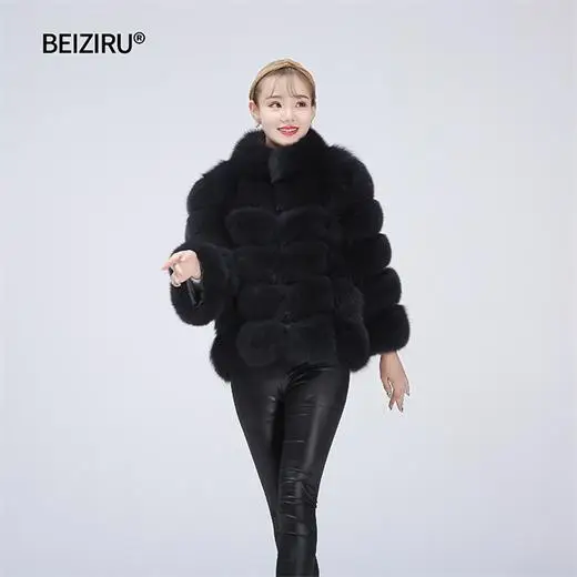 BEIZIRU, натуральный мех, Лисий мех, стоячий воротник, пальто, съемный рукав, женская верхняя одежда, одежда, натуральная, зимняя, теплая, Серебряная лиса, пальто - Color: dark grey
