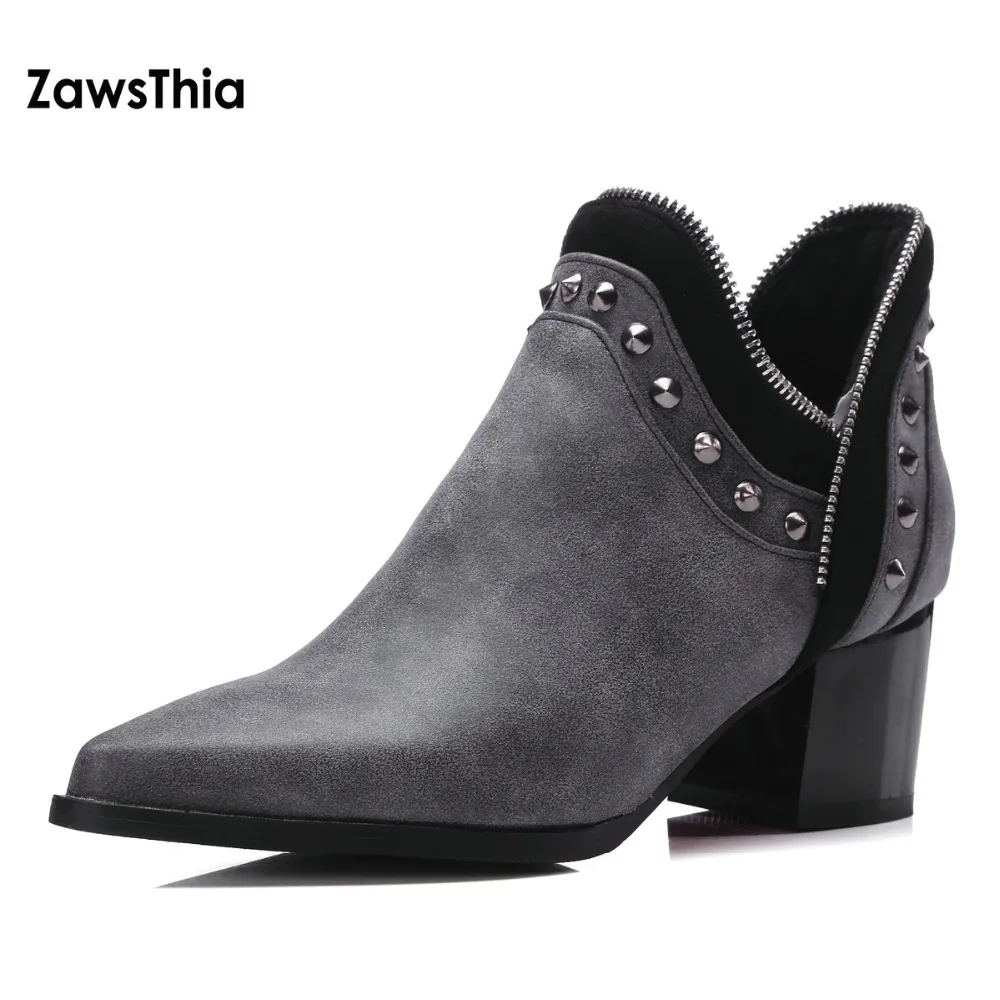 

ZawsThia pointed toe PU zipper rivet motorcyle boots thick high heels charcoal grey women shoes studded ankle boots big size 42
