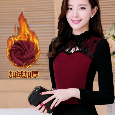 Осень и зима новая Корейская версия с длинными рукавами тонкий плюс бархат тепло кружева Ms. Джемпер - Цвет: Красный