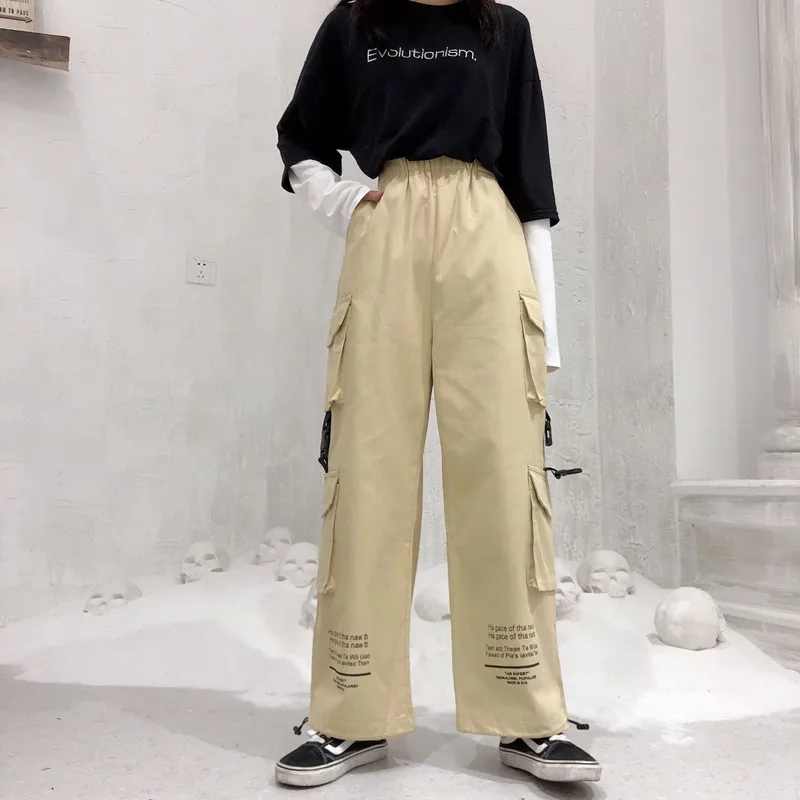 

Buckle Belt Ribbon Pocket Punk Hip Hop Harem Cargo Jogger Loose Straight Drawstring Pant High Waist Streetwear Casual Sweatpant