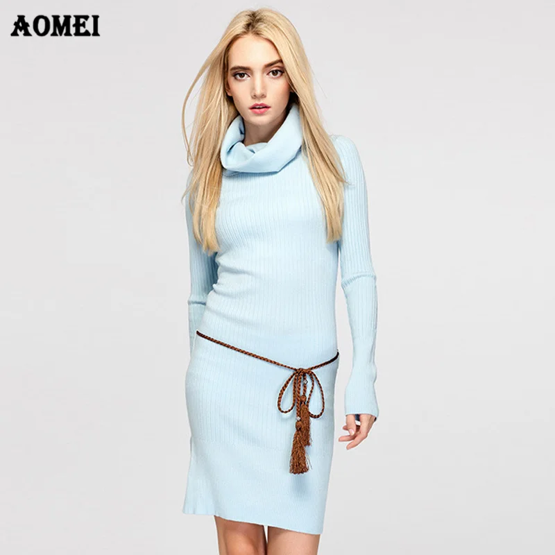 Turtle Neck Women Sweater Dress 2019 Long Sleeves Fashion Gray Solid Elegant Knitted Dresses Tight Classy Casual Warm Sweaters | Женская