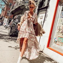 TEELYNN, сексуальное платье в стиле бохо с глубоким v-образным вырезом, клубничное, кремовое, с цветочным принтом, летние платья, асимметричное платье, цыганские женские платья, Vestidos