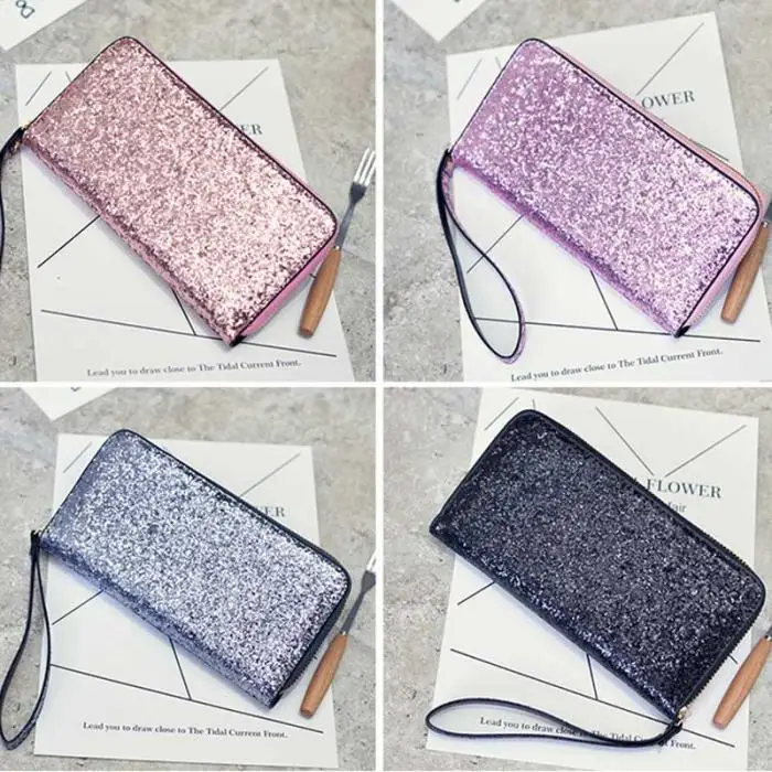 Hot Selling Women Long Wallet Sparkly Sequins PU Leather Bag Hand-held Phone Card Holder-B5