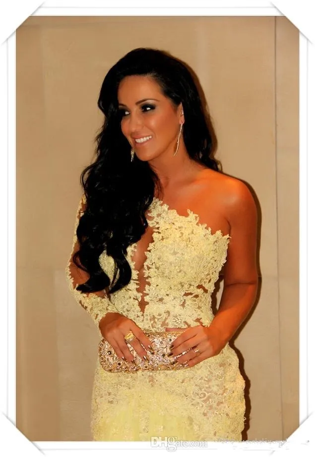 

2017 Oscar Yellow Mermaid Lace Long Sleeve Prom Dresses Sheer Chiffon Evening Gowns Long Prom Dresses One Shoulder Neckline TB03