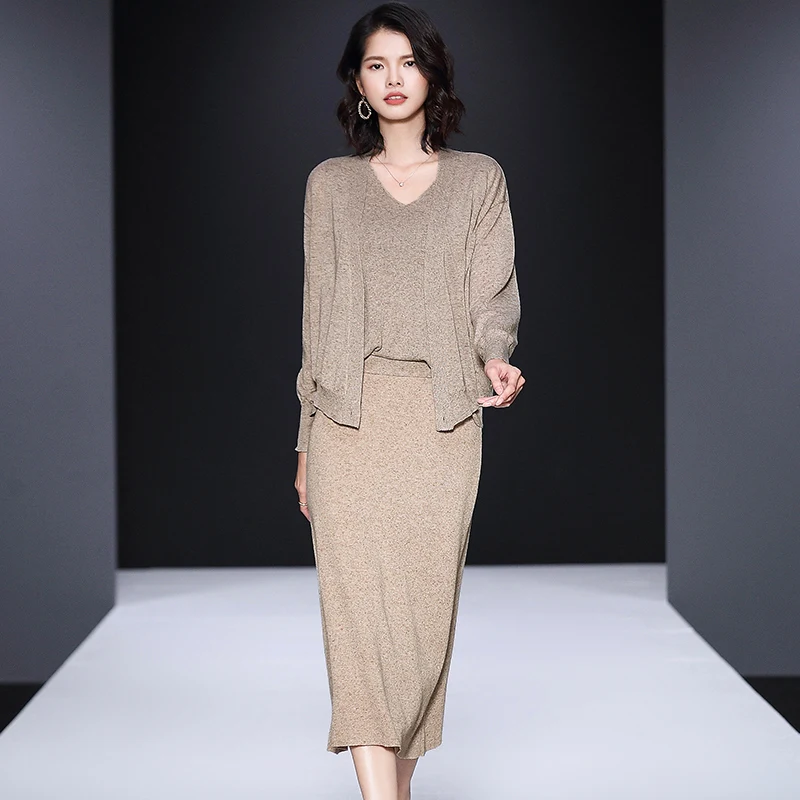 

XL 3 Piece Sets Brand Linen Blend Sets Spring Fall Women Suits New Solid Color Casual Knit Sets Long-sleeve Cardigans+Vest+Skirt