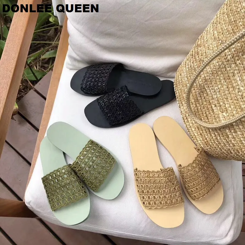 

DONLEE QUEEN Women Cane Weaving Slippers Flat Casual Shoes Slip On Slides Beach Flip Flops Vacation Bohemia Sandalias Mujer 2019