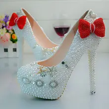 Red/Pink/Black Bowtie Women Wedding Shoes High Heels Custom White Pearls Bridal Shoes Platform Party Shoes Size EU34-40 No.4450
