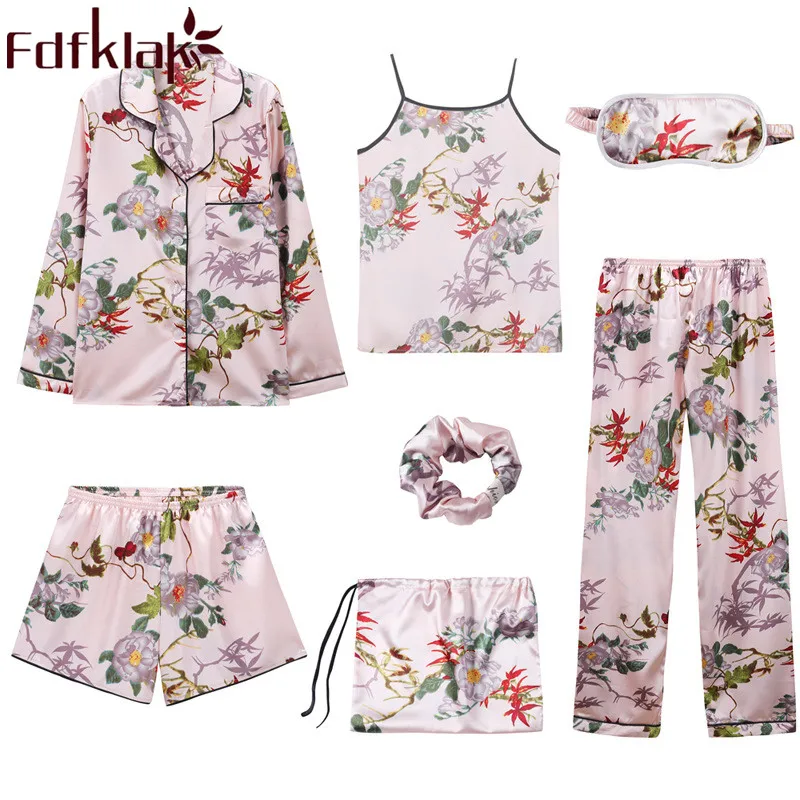 

Fdfklak 5 Styles Women Sleepwear Set Pyjama Sexy Pijamas Silk 7 Pieces Floral Pajamas For Women Home Clothes Spring Summer Q1157