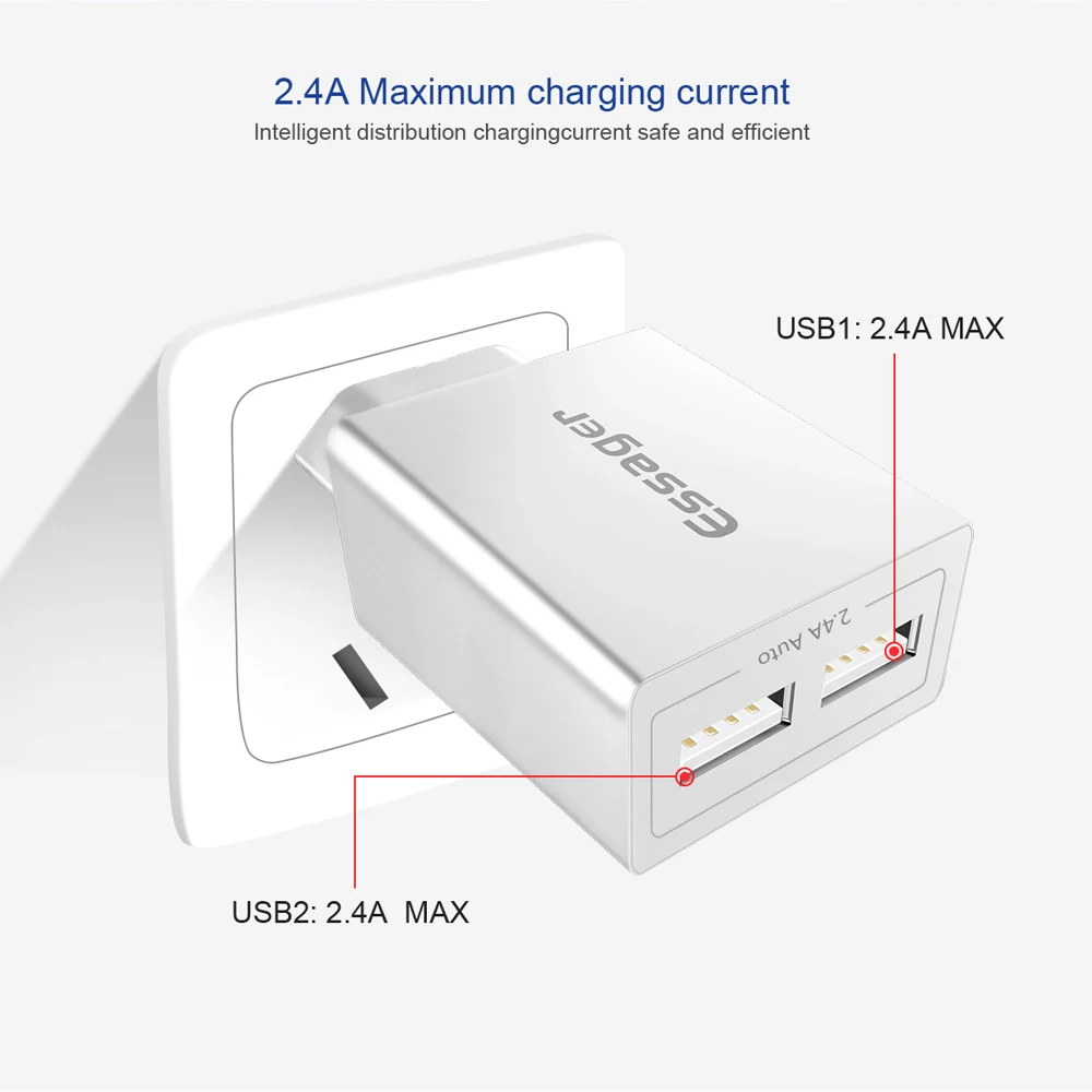 Essager المزدوج USB الجدار شاحن 2.4A سريع شحن السفر شاحن آيفون Xiaomi سامسونج شاحن هاتف محمول يعمل بنظام تشغيل أندرويد شاحن Adapator