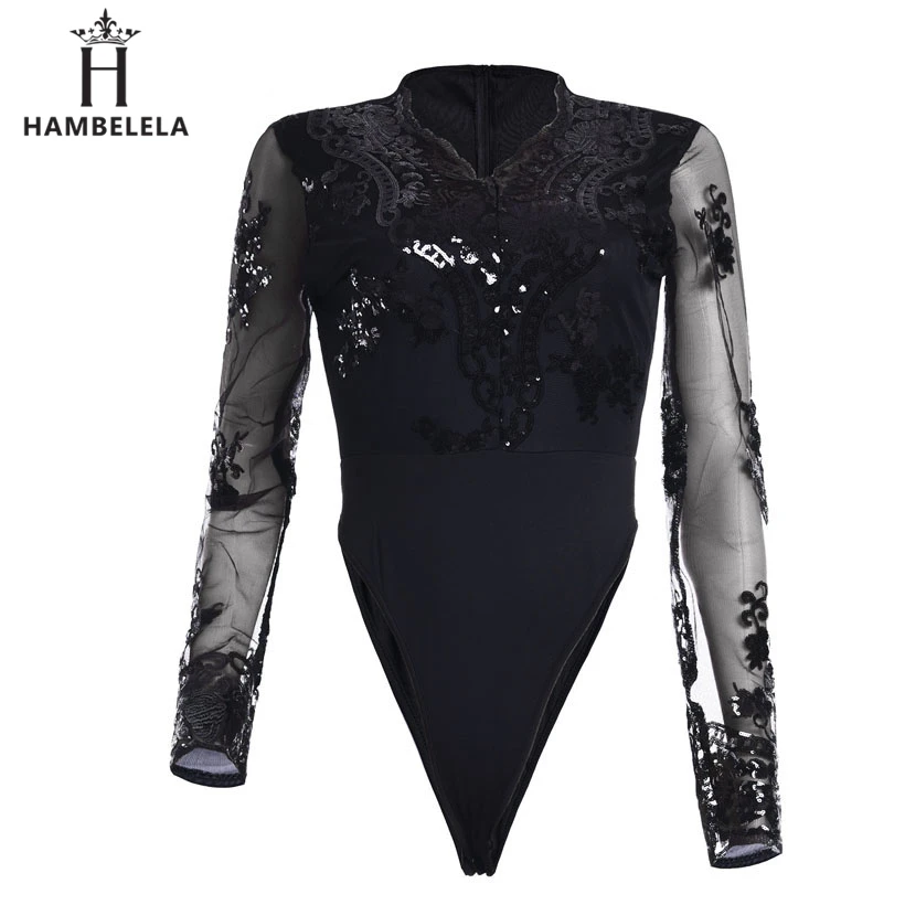 HAMBELELA Long Sleeve Bodysuit Women Gold Sequin Deep V-Neck Skinny Bodycon Jumpsuit Womens Overalls Combinaison Short Femme (6)
