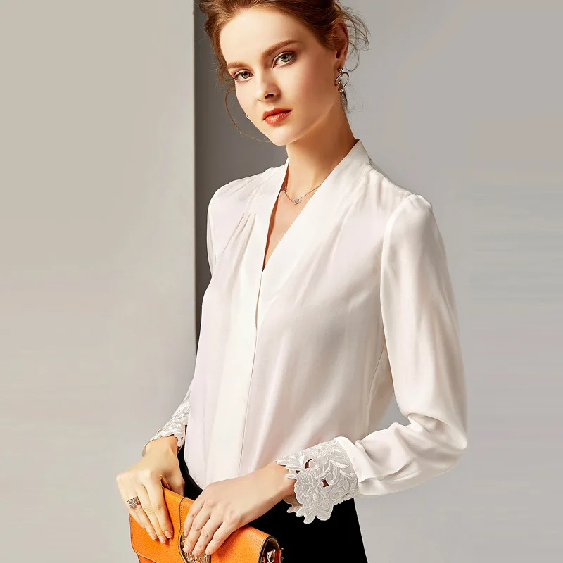 

Long Sleeved Shirt Women 2019 Spring New 100% Natural Silk Solid Color V-Neck Loose Office Lady Slim Women Tops S-XL