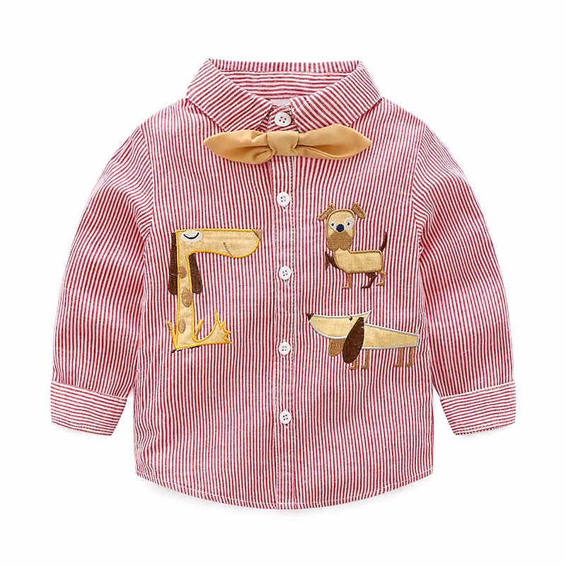 Новая модная детская одежда, рубашка с длинными рукавами и вышитым щенком для мальчиков, Повседневная хлопковая рубашка в полоску с галстуком-бабочкой для маленьких мальчиков 3-8 лет