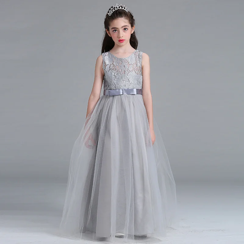 Розничная ; элегантное кружевное шифоновое платье высокого качества для девочек; вечернее платье для выпускного вечера с поясом и вырезом в виде сердца; летнее свадебное платье для девочек; кружевное платье; 006 - Цвет: gray