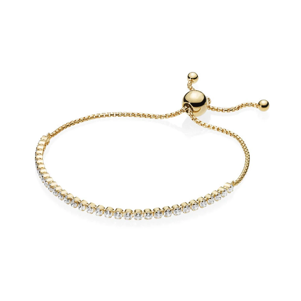 

2018 New 100% 925 Sterling Silver Bracelet Sparkling Strand Bracelet Shine Gold Clear CZ For Women Fashion DIY Jewelry Gift