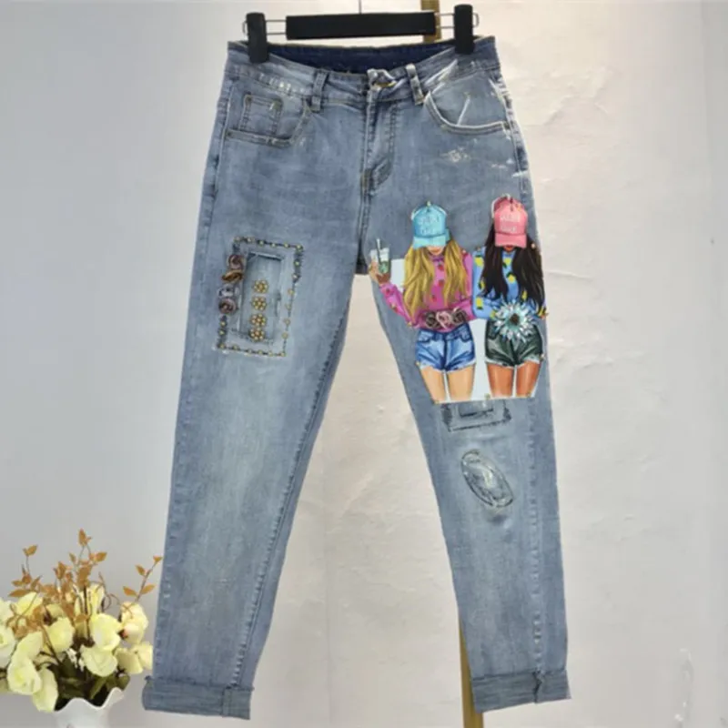 

Stretch Denim Woman Ripped Jeans Cool Hole Pattern 2019 Flower Beads Skinny Retro Denim Pants Pencil Trousers Femme size 30