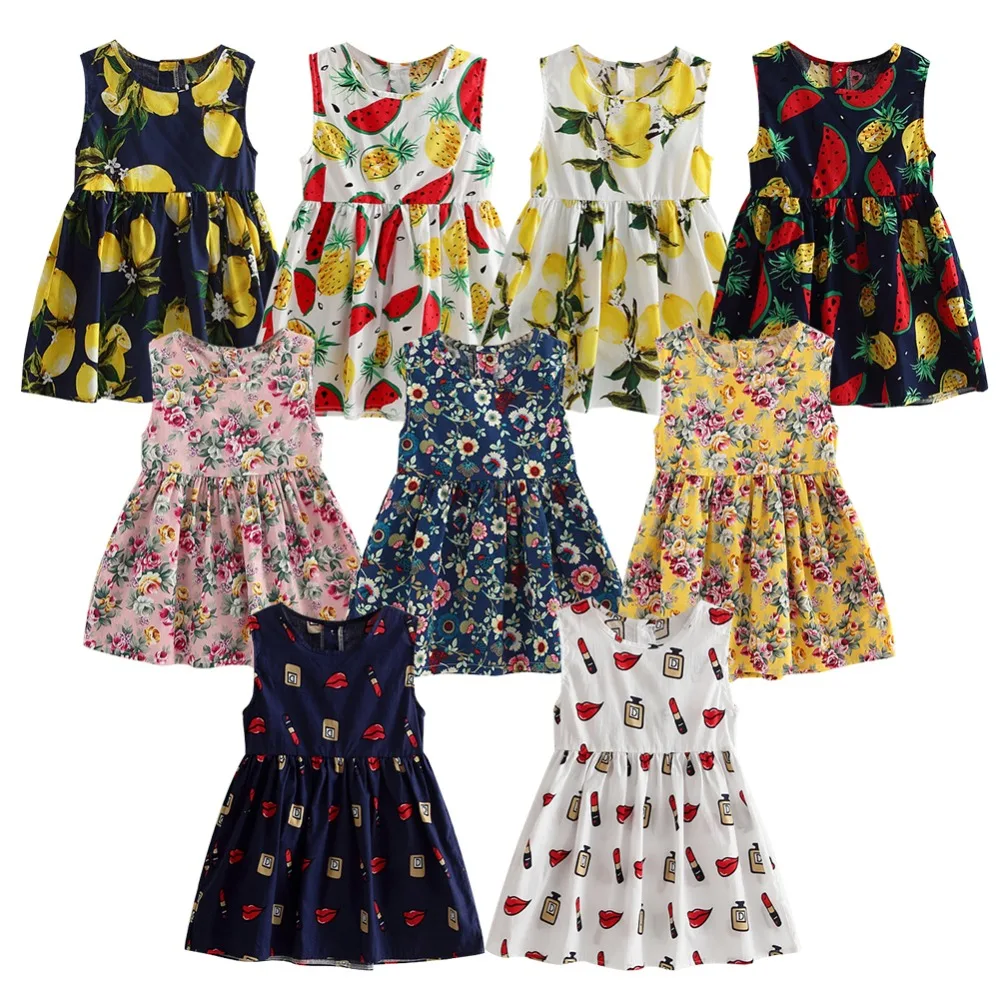 Summer Kids A-line Dresses Girls Sleeveless Floral Print Princess Dress Clothes