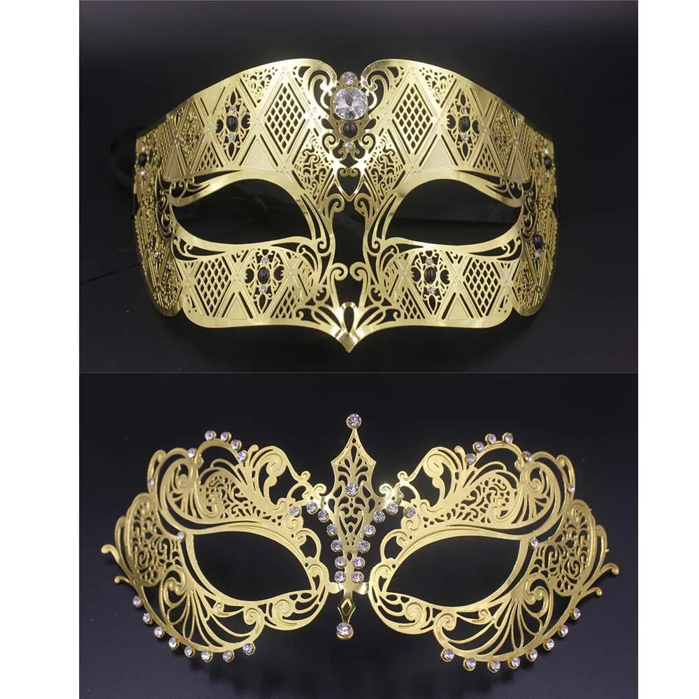 Gold Metal Party Mask Phantom Men Women Filigree Mask Set