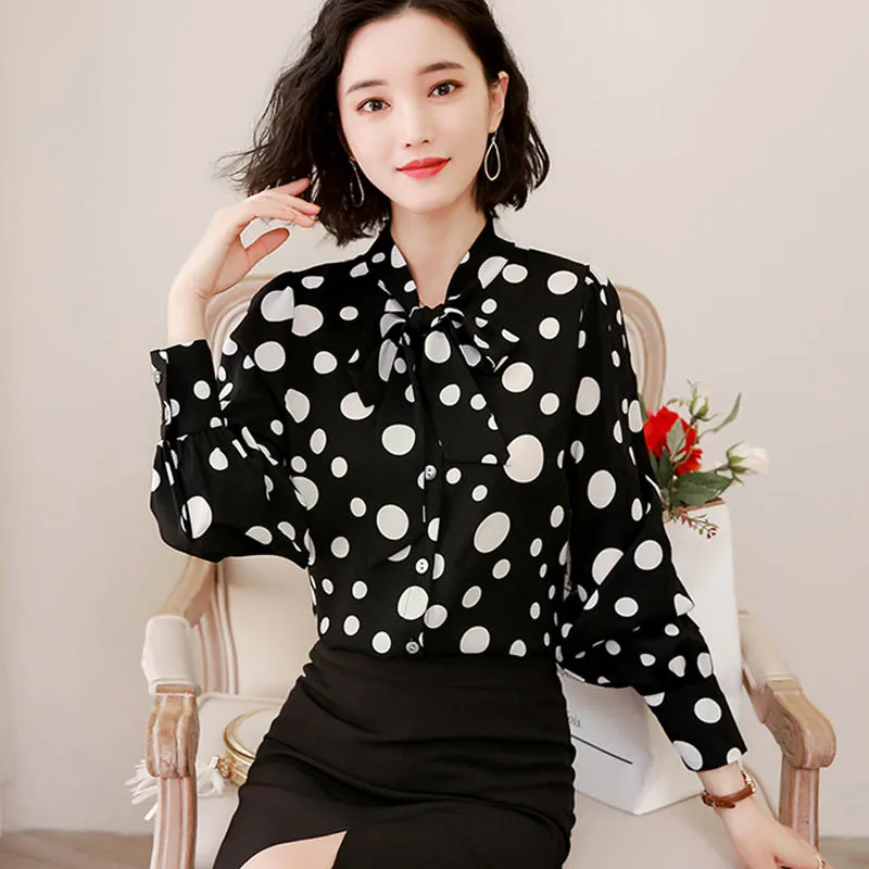 الأزياء القوس البولكا نقطة سيدة قميص الإناث طويلة الأكمام 2019 الربيع نمط جديد مع الشيفون مزاجه نفخة كم قميص أعلى 2463 50