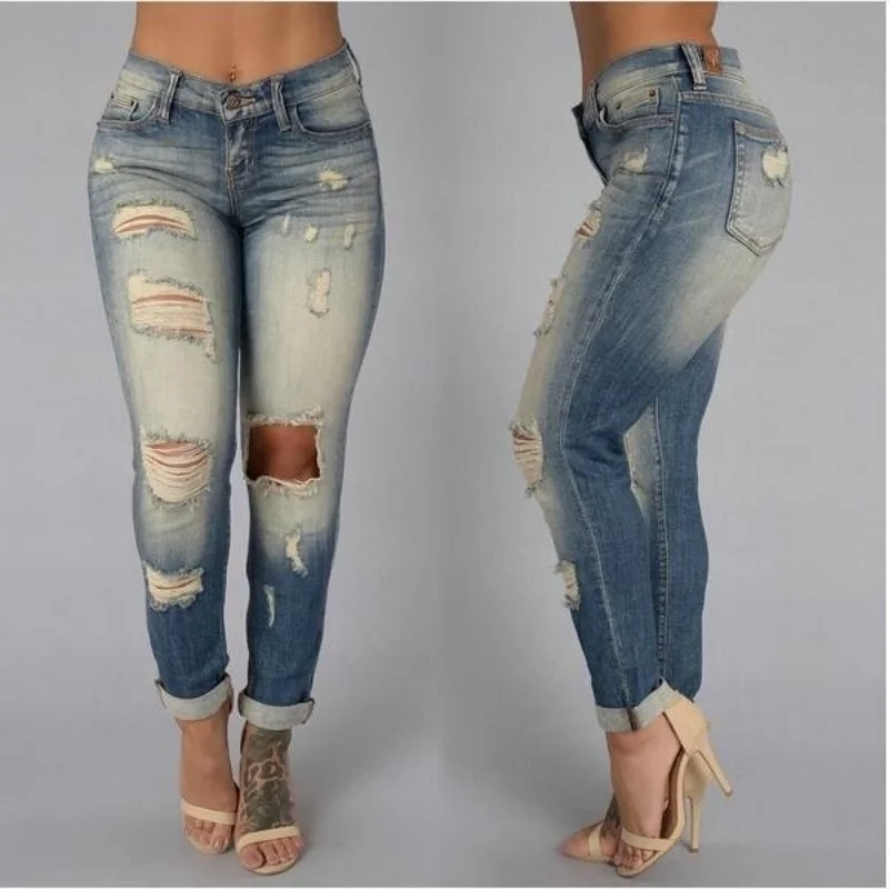 Fashion Women Washed Ripped Hole Jeans Sexy Skinny Denim Pants |