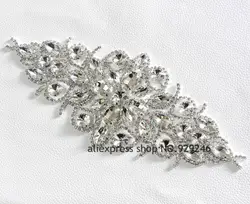 Бесплатная доставка 1 шт. 9.3*22 см diamond flower-форма прозрачное стекло Кристалл Rhinestone Аппликация Серебряный пальто с мехом платье швейная