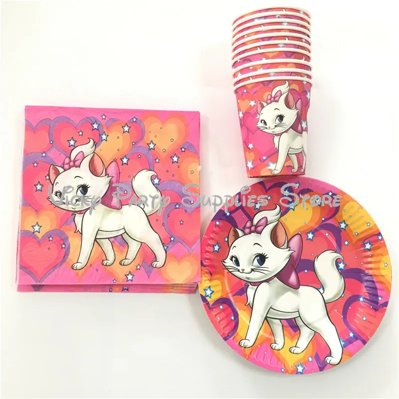 

40pcs/lot Marie Cat Disposable Tableware Set Cartoon Pink Cat The Aristocats Birthday Baby Shower Cup Plate Decoration Supplies