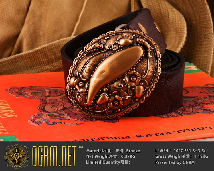 

OGRM Handmade Bronze Bear Tooth Pattern Men Belt Buckles Cowhide Genuine Leather Belt Cinto Cowboy Brand Name Belts Men